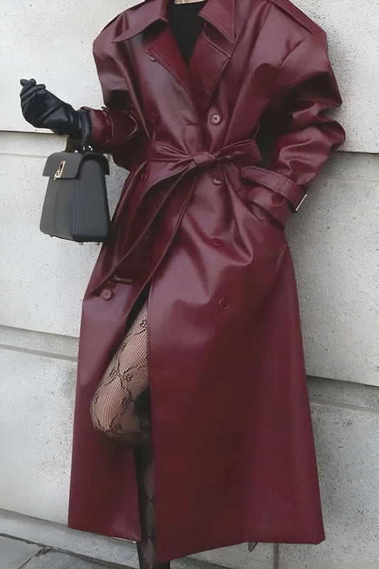Sara Trench Coat | Autumn Long Belted Faux Leather Coat