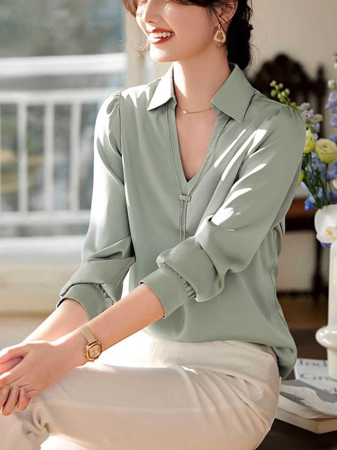 Lila Top | Elegant V-Neck Satin Shirt