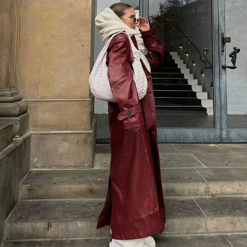 Ulima Trench Coat | Autumn Belted Faux Leather Long Coat