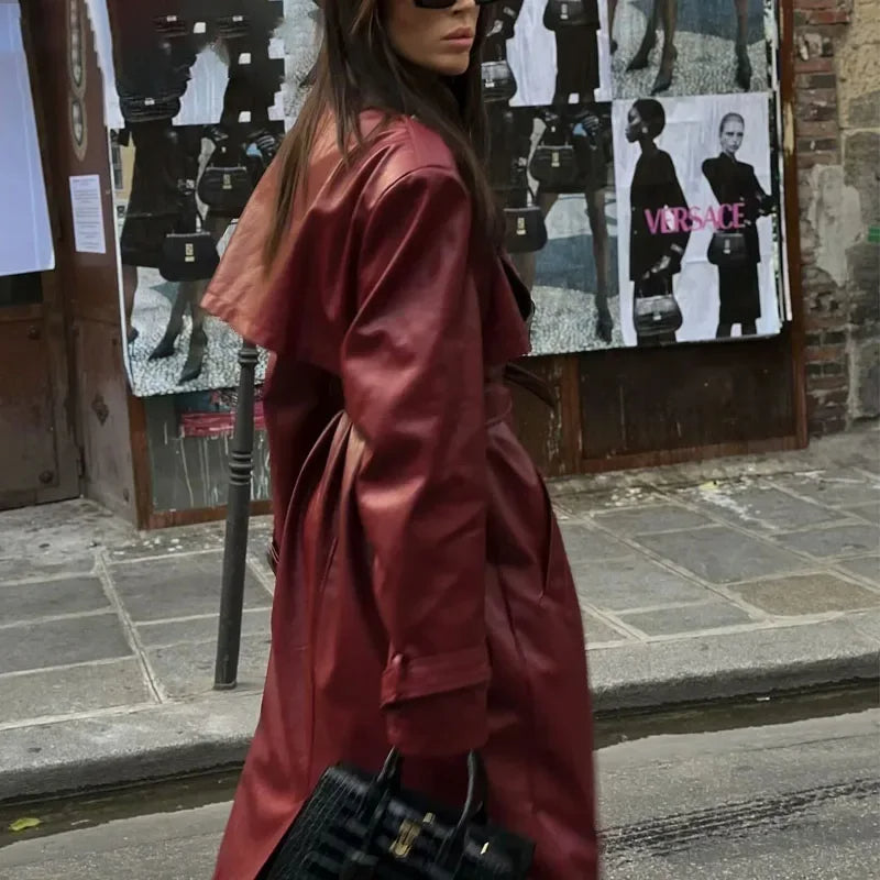 Ulima Trench Coat | Autumn Belted Faux Leather Long Coat