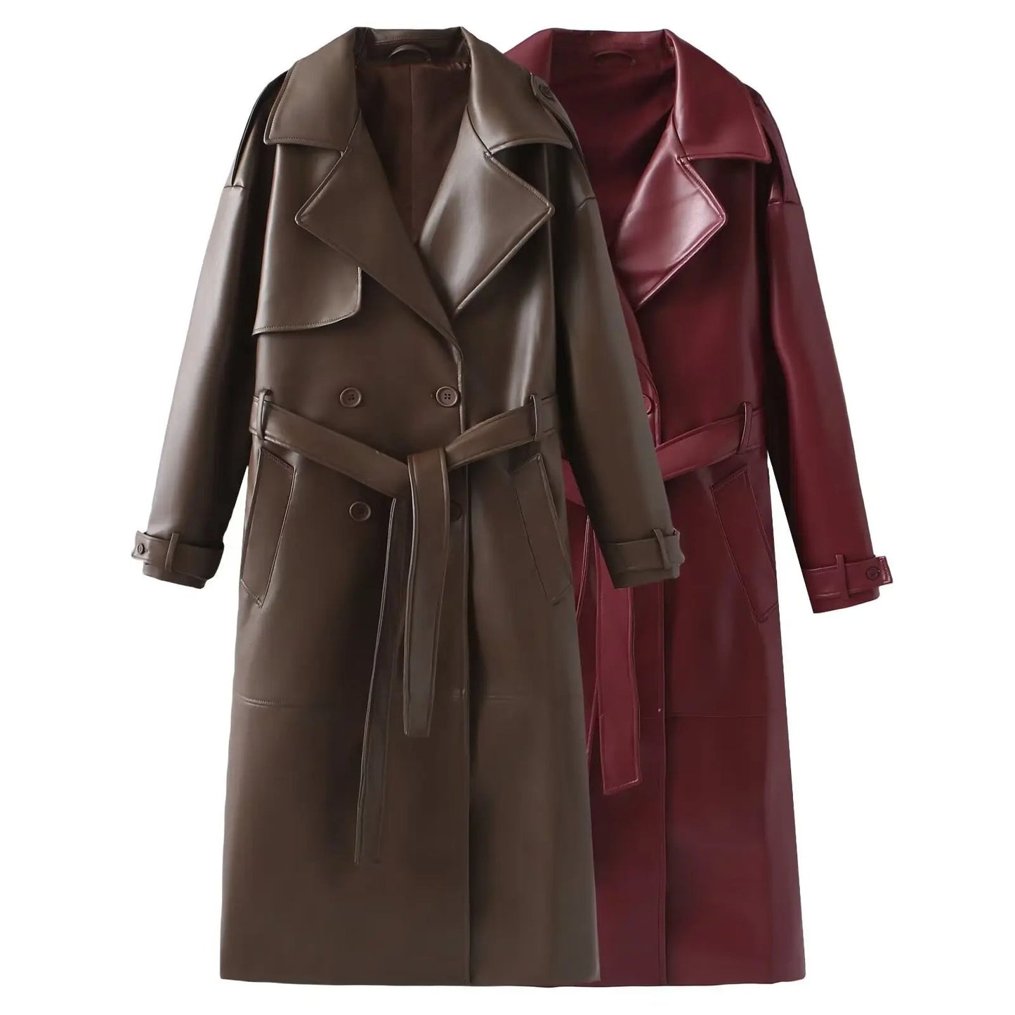 Ulima Trench Coat | Autumn Belted Faux Leather Long Coat