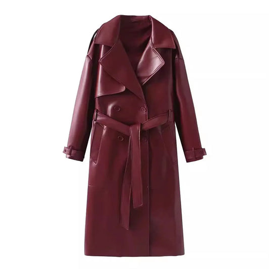 Ulima Trench Coat | Autumn Belted Faux Leather Long Coat