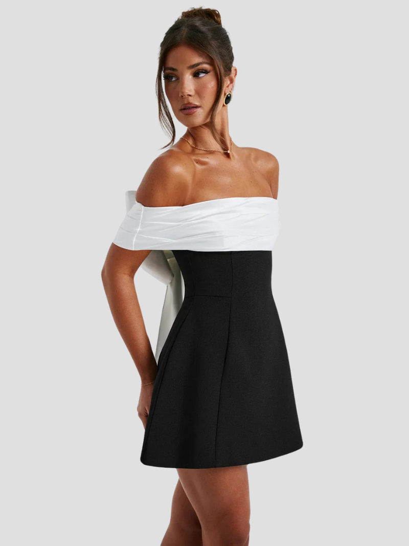 Cariva  Mini Dress | Off-Shoulder Black and White A-Line Cocktail Dress