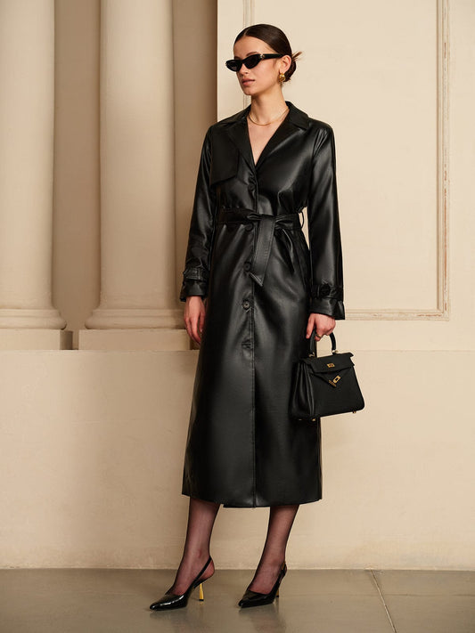 Saran Trench Coat | Autumn Faux Leather Belted Maxi Coat
