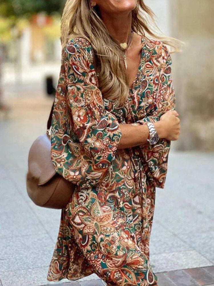 Variant image for Mini Dress | Vintage Print V-Neck Casual Summer Dress-10
