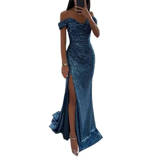 Helena Dress | Off-Shoulder V-Neck Evening Gown