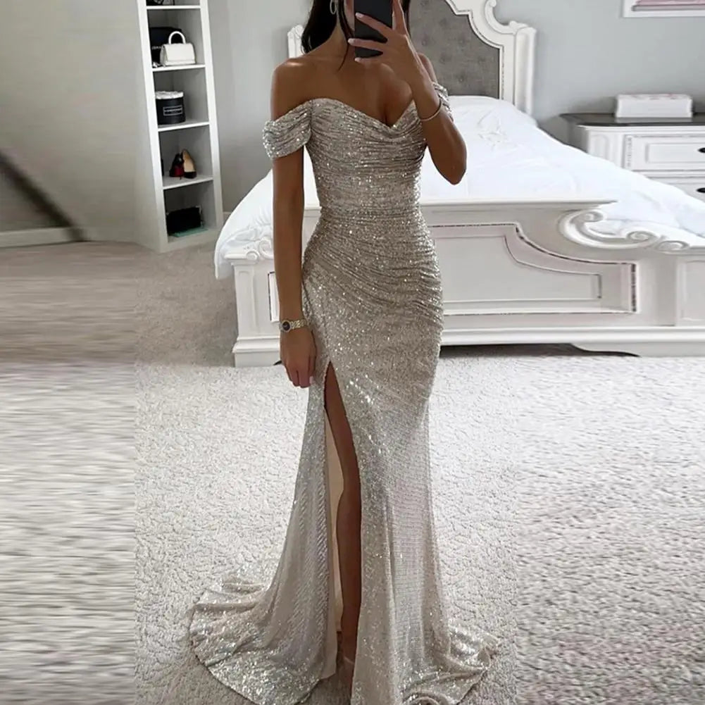 Helena Dress | Off-Shoulder V-Neck Evening Gown