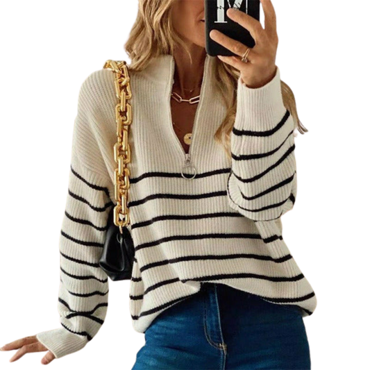 Natalia Jumper | Women's Autumn Striped Half-Zip Knitted Jumper