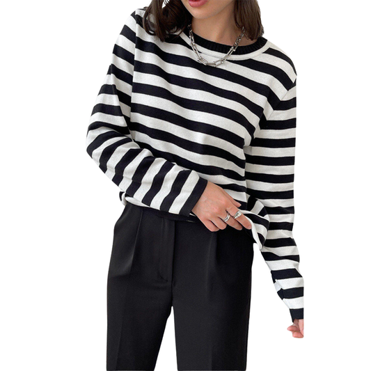 Francene Women's Sweater | Striped Long Sleeve Loose Fit Sweater