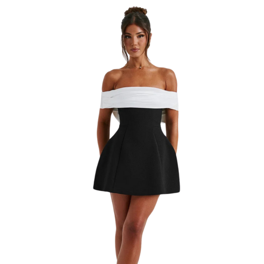 Cariva  Mini Dress | Off-Shoulder Black and White A-Line Cocktail Dress