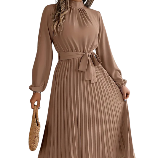 Qiu Dress | Women's Autumn Pleated Midi Dress with Belted Waist
