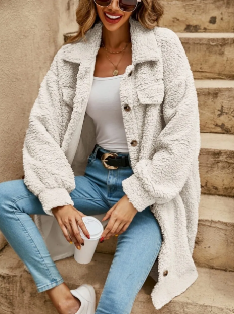 Thelma Coat | Autumn Long Teddy Button Coat