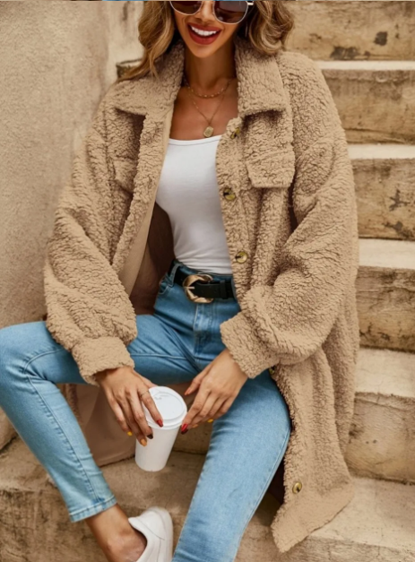 Thelma Coat | Autumn Long Teddy Button Coat