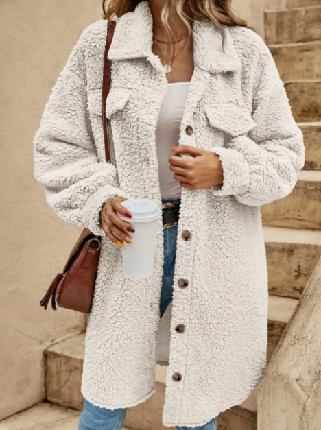Thelma Coat | Autumn Long Teddy Button Coat