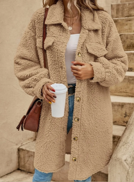 Thelma Coat | Autumn Long Teddy Button Coat