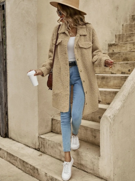 Thelma Coat | Autumn Long Teddy Button Coat