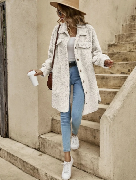 Thelma Coat | Autumn Long Teddy Button Coat