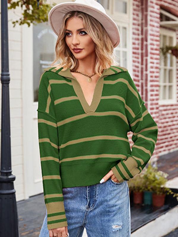Philomena Jumper | Women's Autumn Stripe V-Neck Collared Knit Jumper