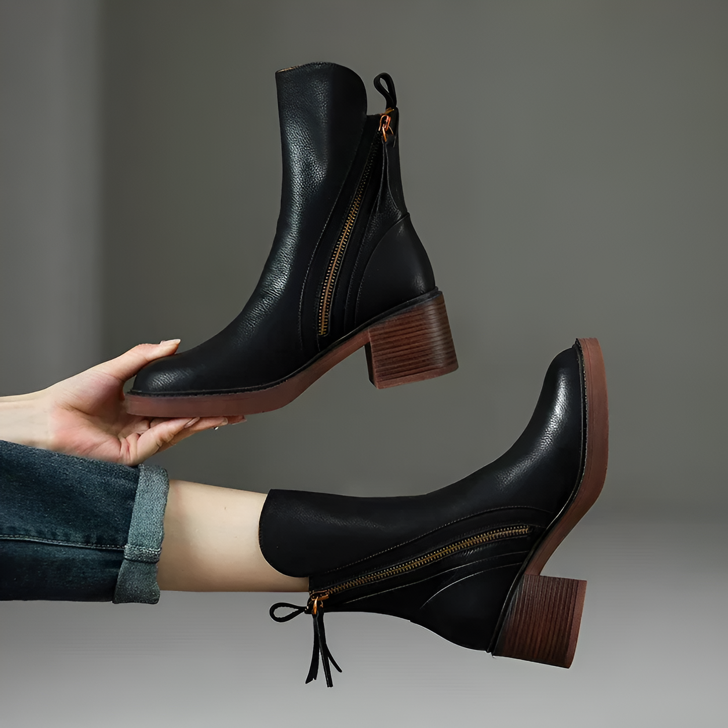Josette Women's Leather Ankle Boots | Chunky Sole & Zip Closure