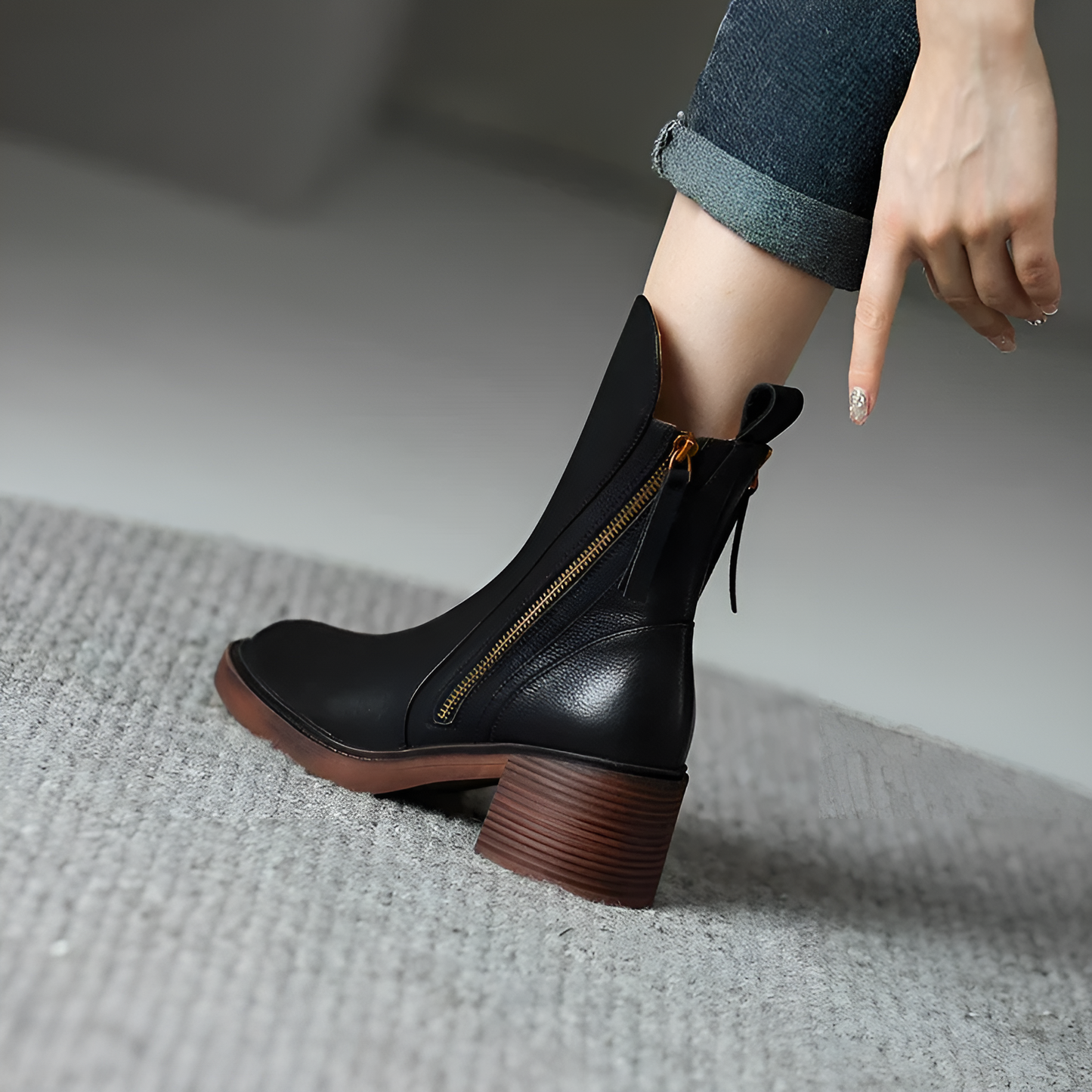 Josette Women's Leather Ankle Boots | Chunky Sole & Zip Closure