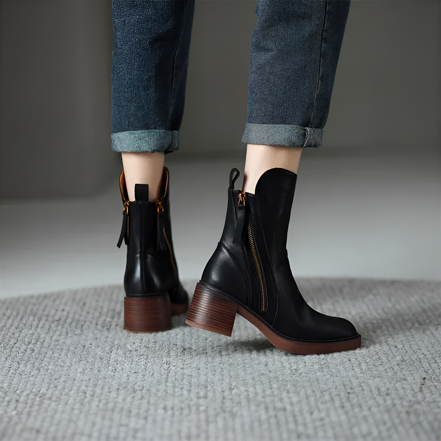 Josette Women's Leather Ankle Boots | Chunky Sole & Zip Closure