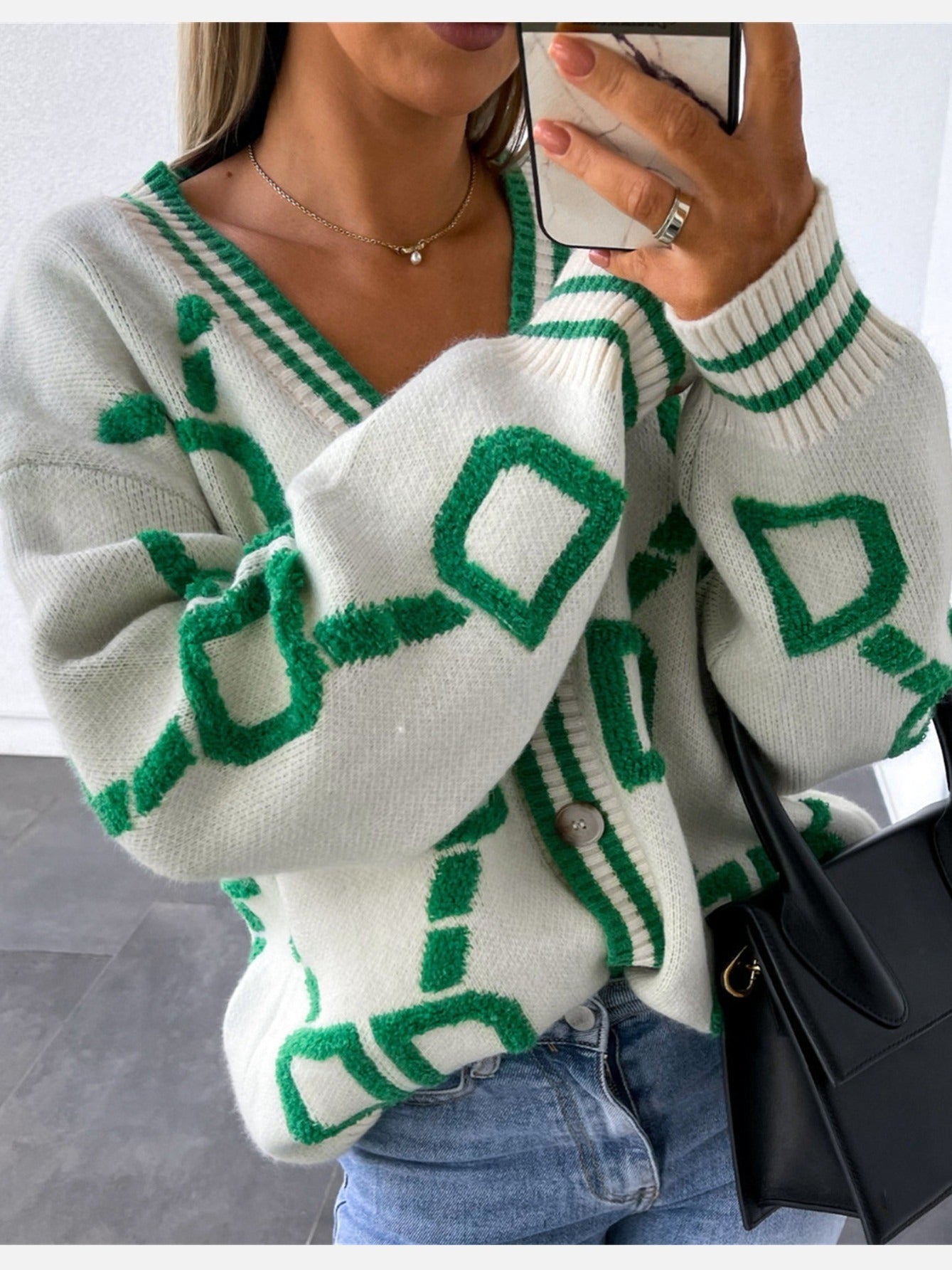 Xosha Cardigan | Women's Winter Geometric Button-Up Knit Cardigan
