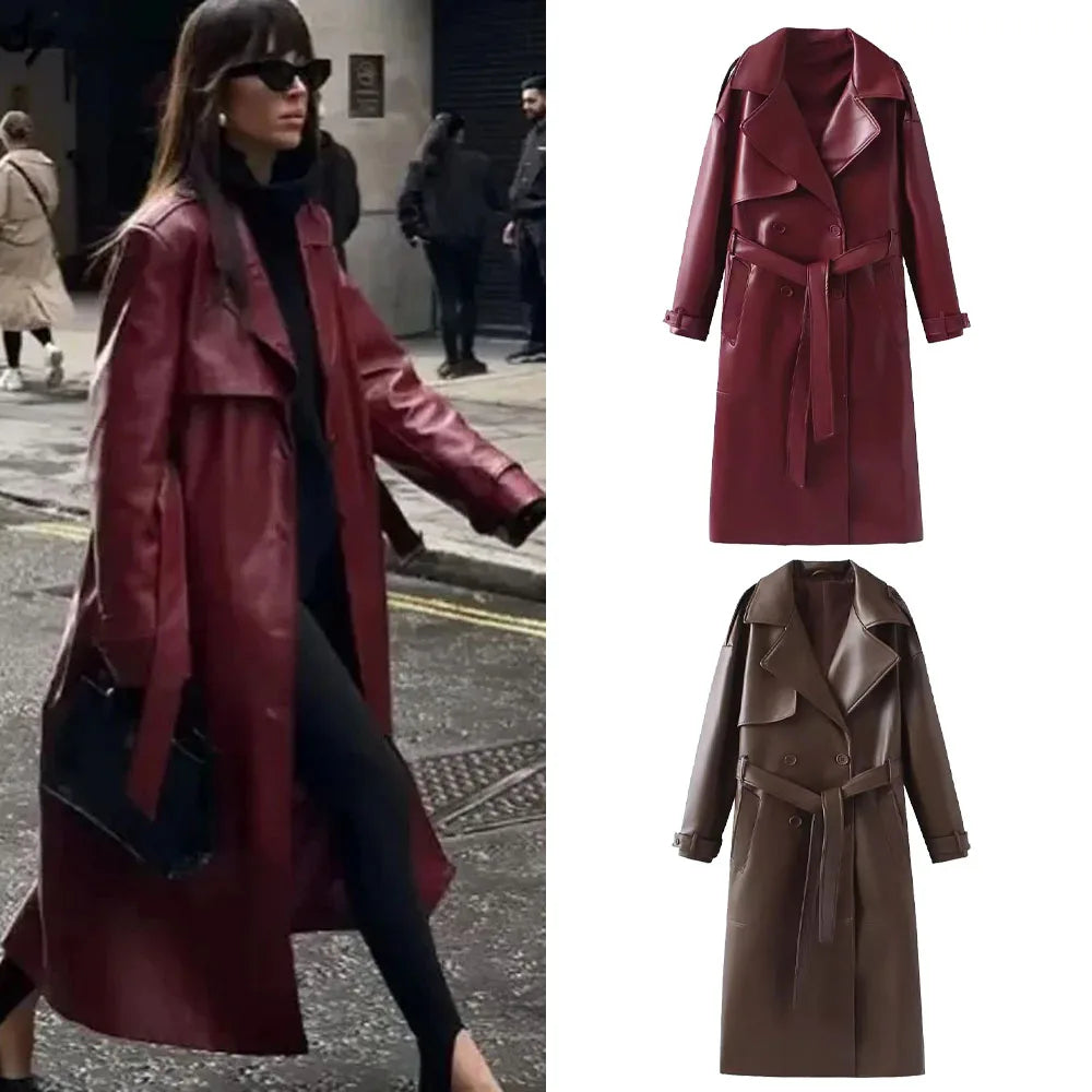 Ulima Trench Coat | Autumn Belted Faux Leather Long Coat