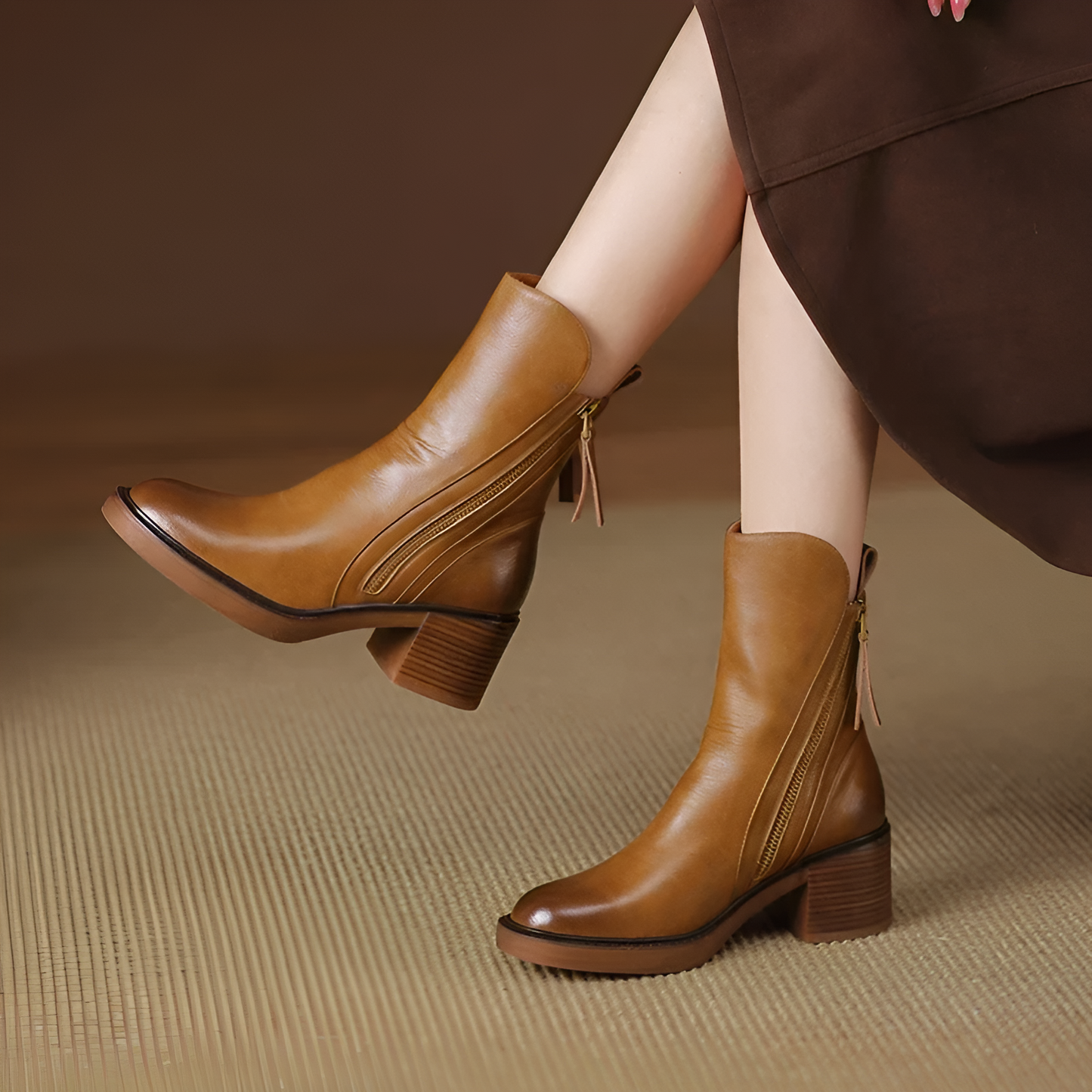 Josette Women's Leather Ankle Boots | Chunky Sole & Zip Closure