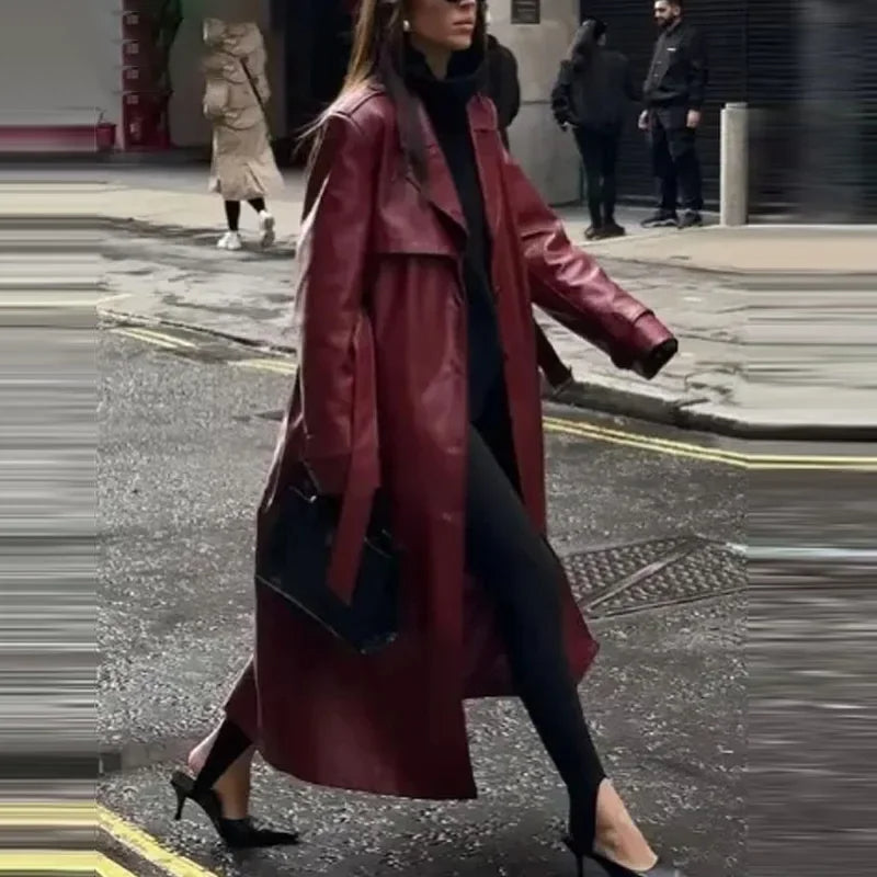 Ulima Trench Coat | Autumn Belted Faux Leather Long Coat
