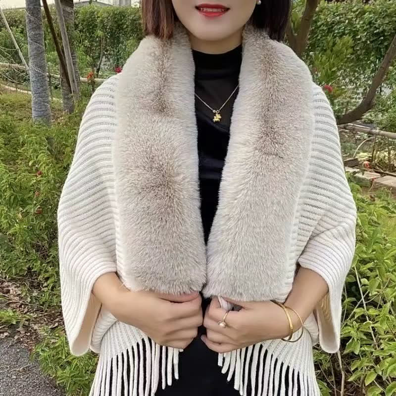 Veya Shawl | Autumn Knitted Fringe Shawl with Faux Fur Collar