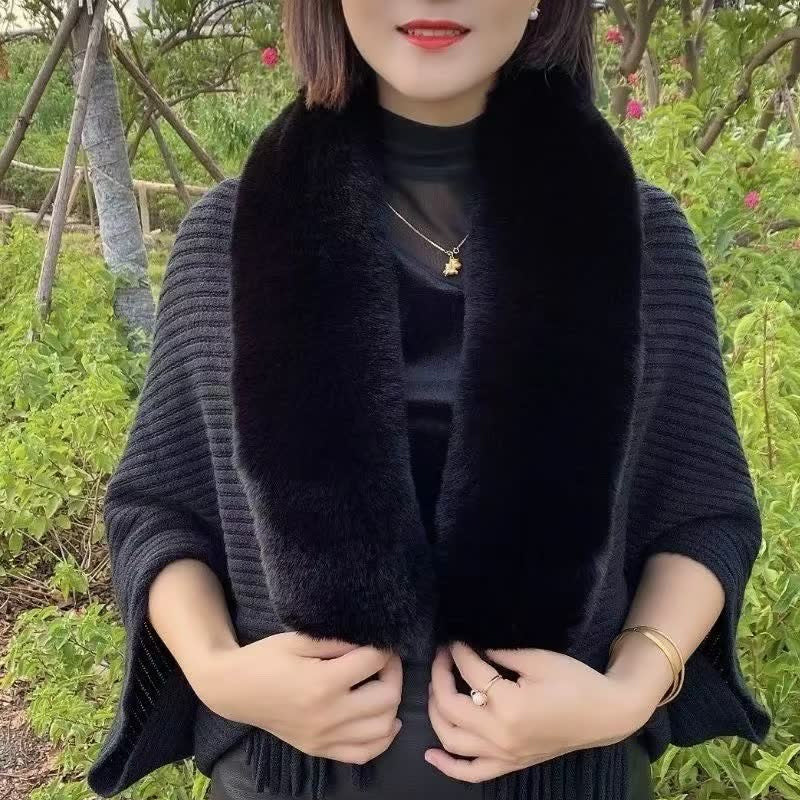 Veya Shawl | Autumn Knitted Fringe Shawl with Faux Fur Collar