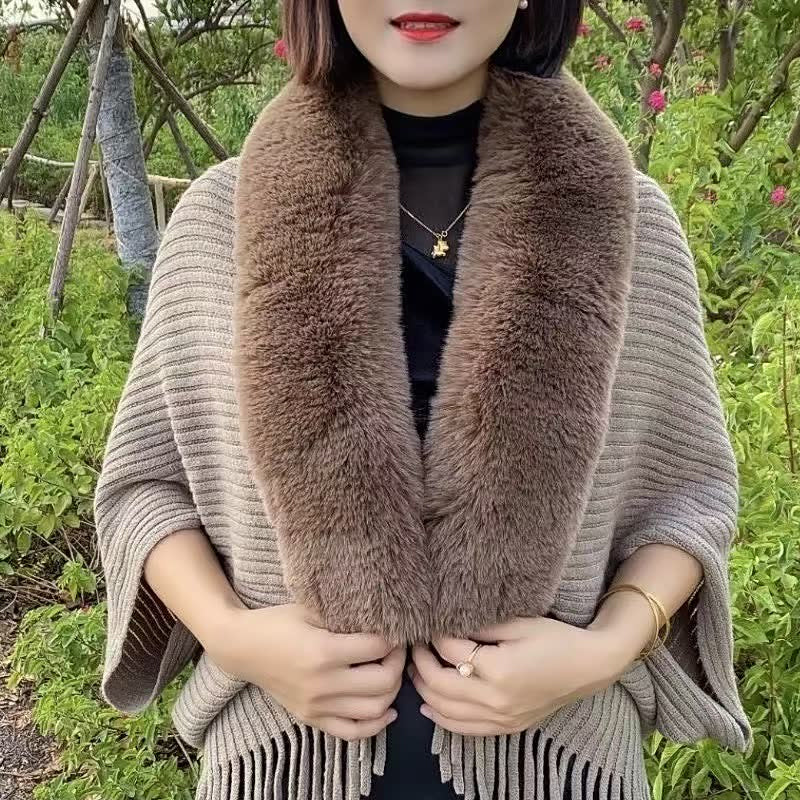 Veya Shawl | Autumn Knitted Fringe Shawl with Faux Fur Collar
