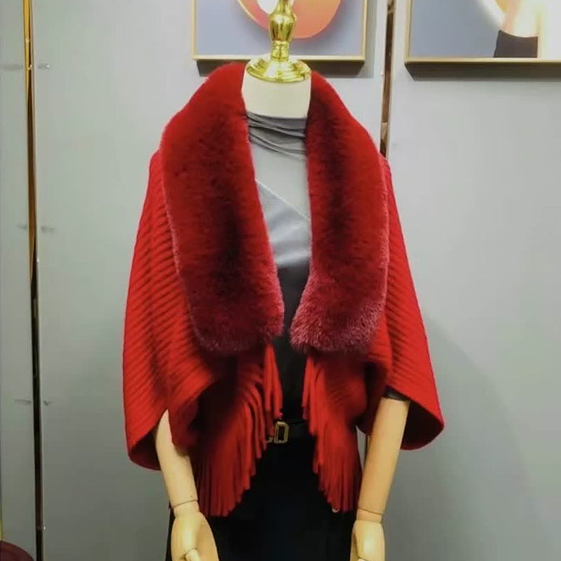 Veya Shawl | Autumn Knitted Fringe Shawl with Faux Fur Collar