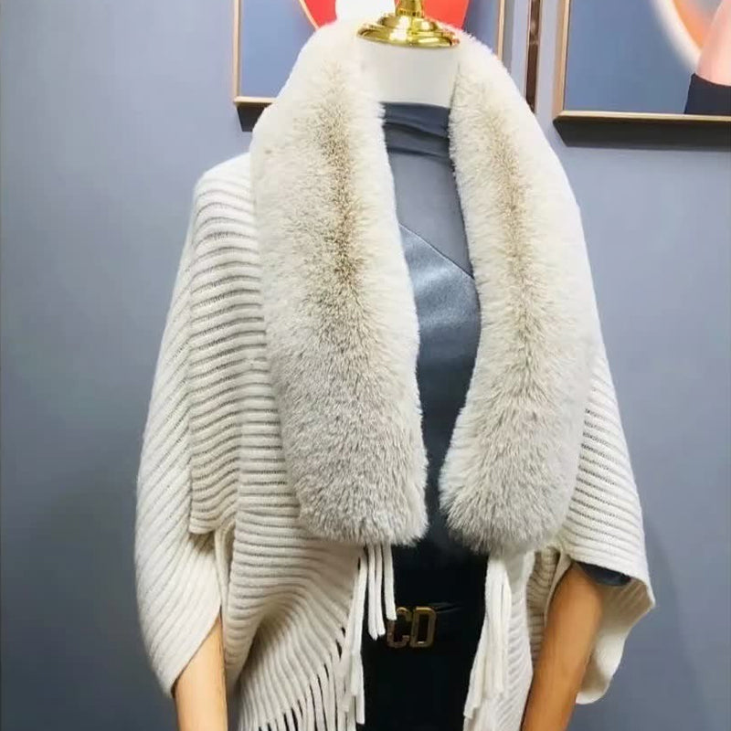 Veya Shawl | Autumn Knitted Fringe Shawl with Faux Fur Collar