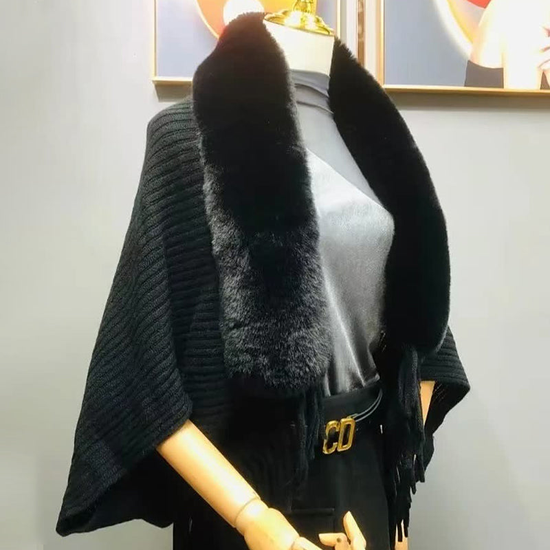Veya Shawl | Autumn Knitted Fringe Shawl with Faux Fur Collar