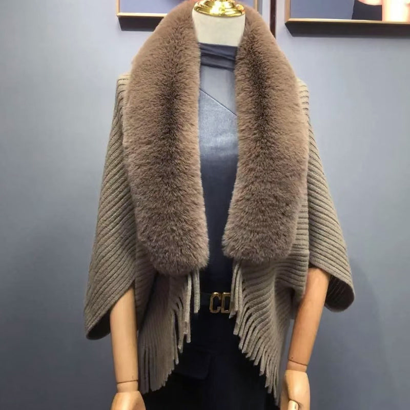 Veya Shawl | Autumn Knitted Fringe Shawl with Faux Fur Collar