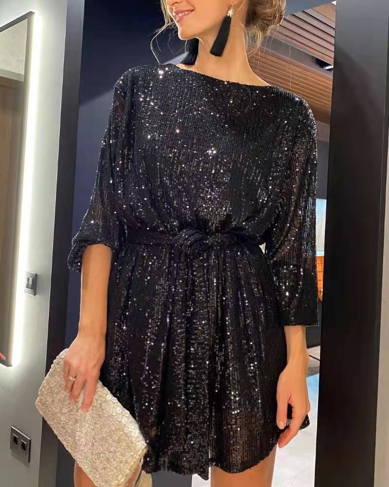 Pauline Dress | Sequin Mini Dress with Belt