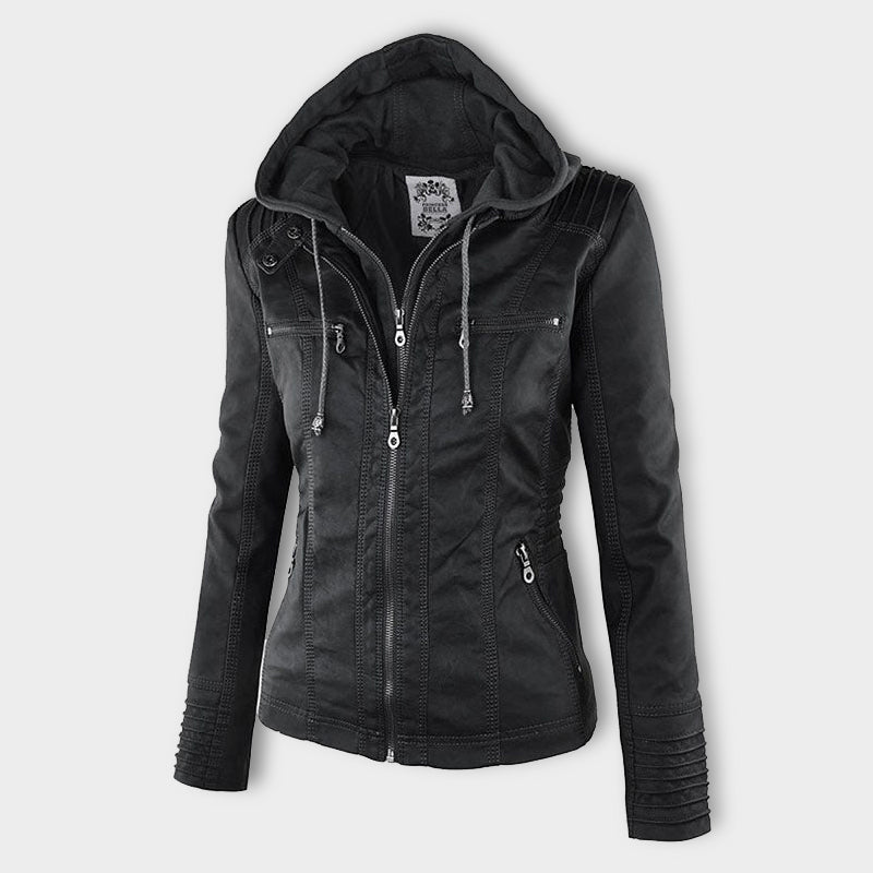 Vianne Jacket | Winter Hooded Faux Leather Zip Jacket