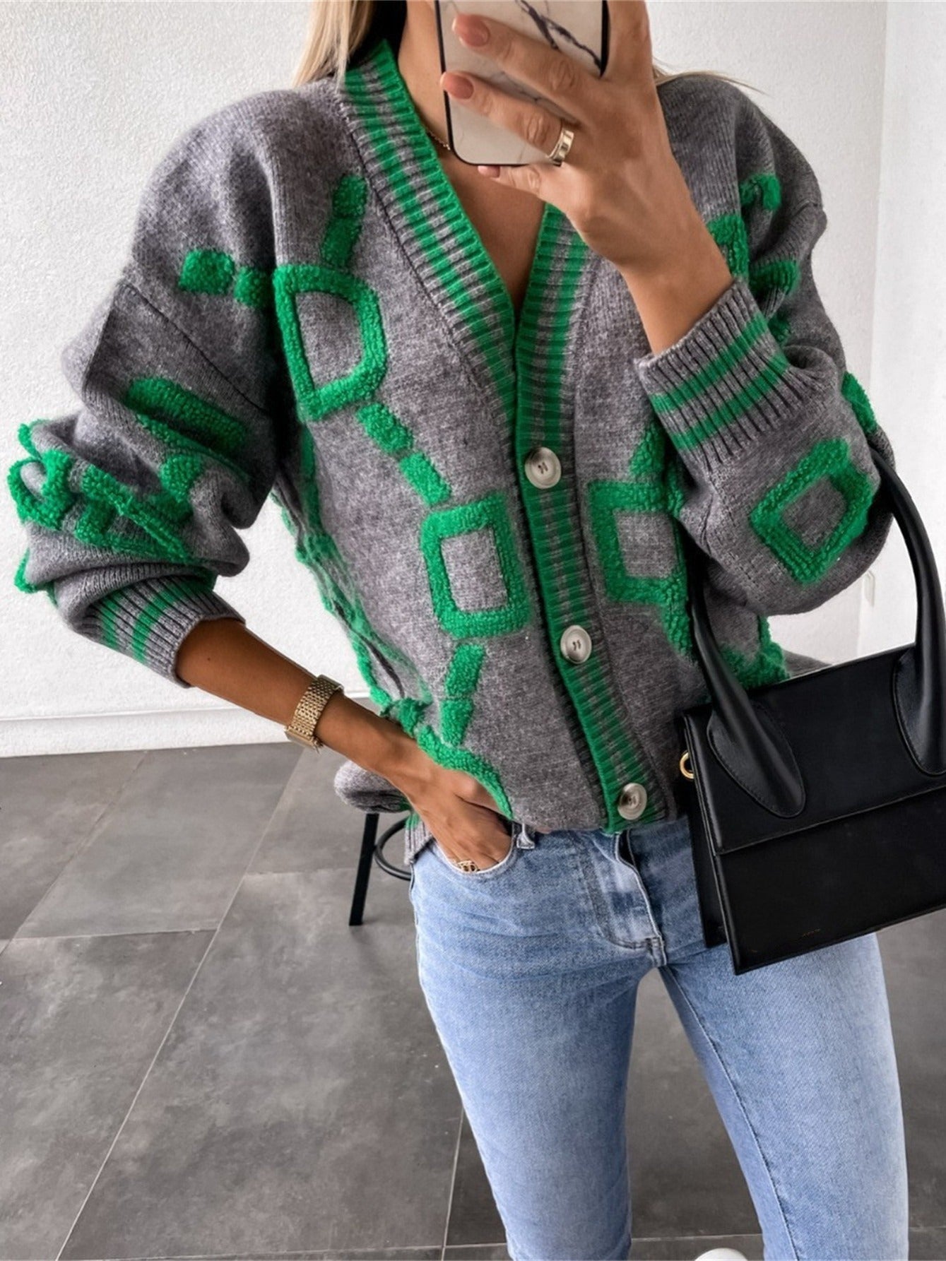 Xosha Cardigan | Women's Winter Geometric Button-Up Knit Cardigan