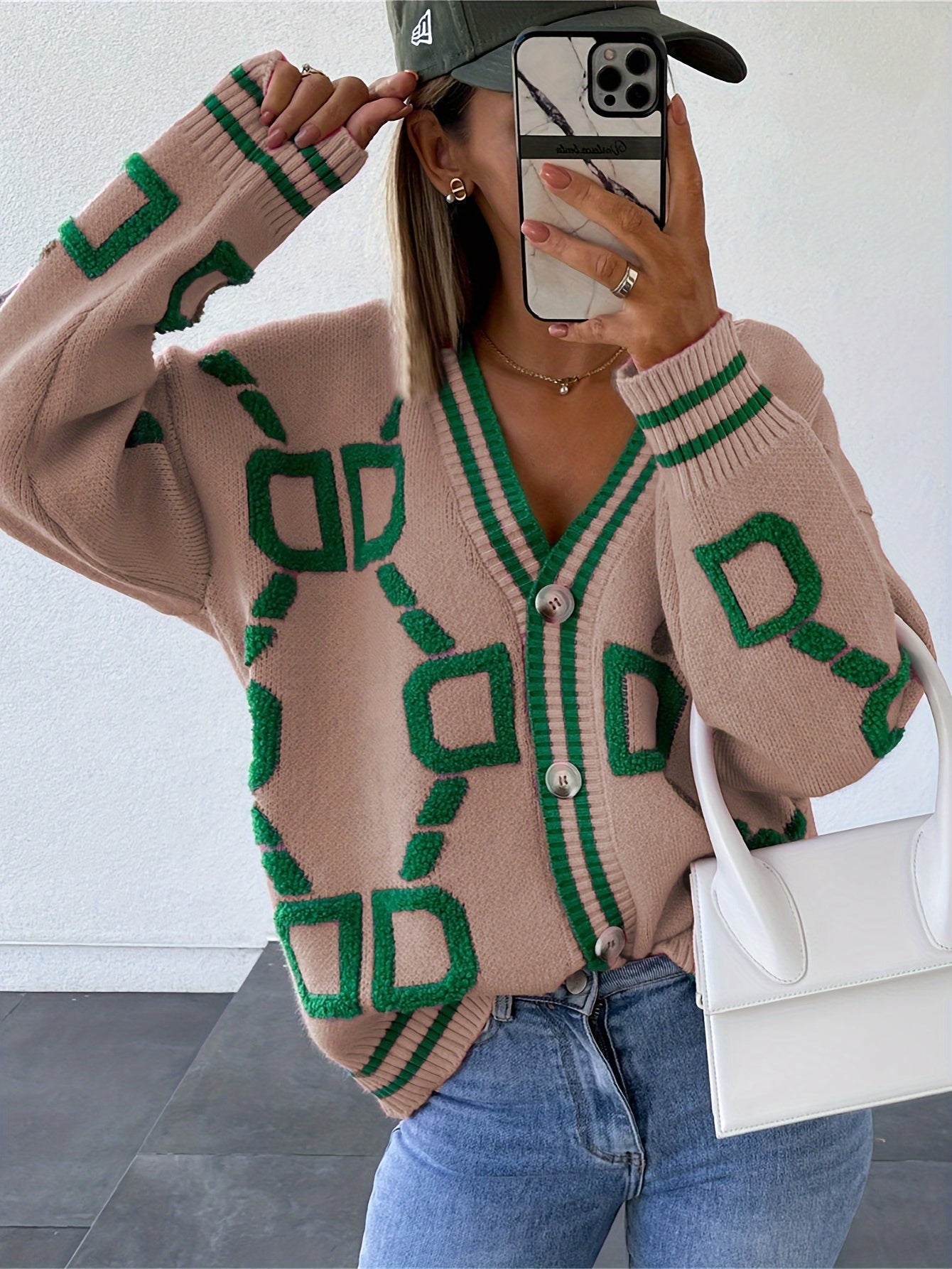 Xosha Cardigan | Women's Winter Geometric Button-Up Knit Cardigan