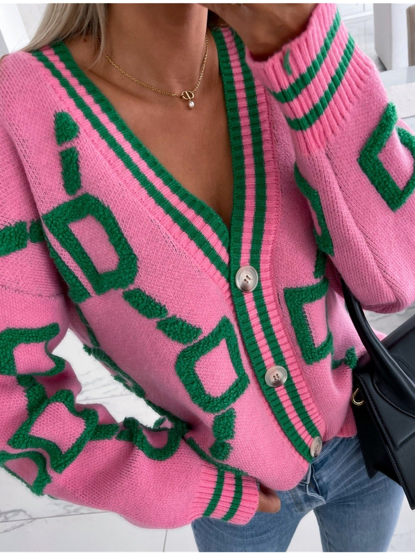 Xosha Cardigan | Women's Winter Geometric Button-Up Knit Cardigan