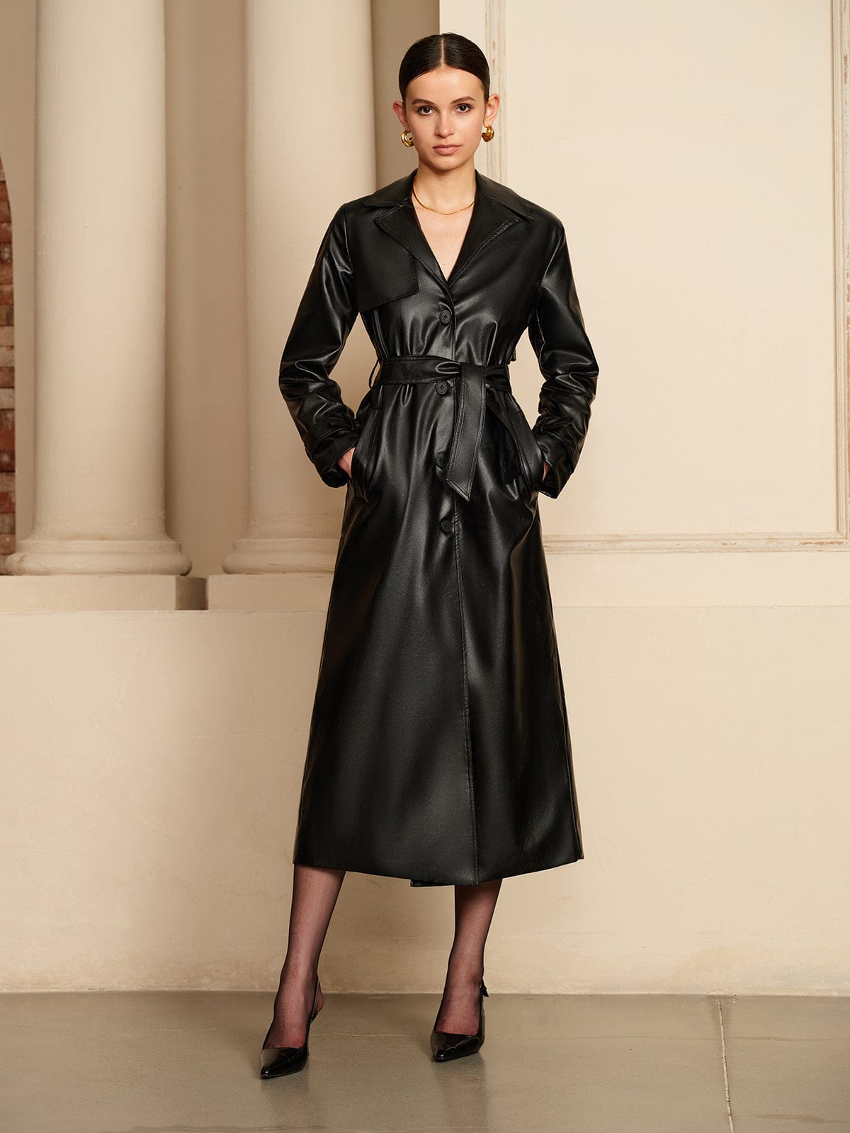 Saran Trench Coat | Autumn Faux Leather Belted Maxi Coat