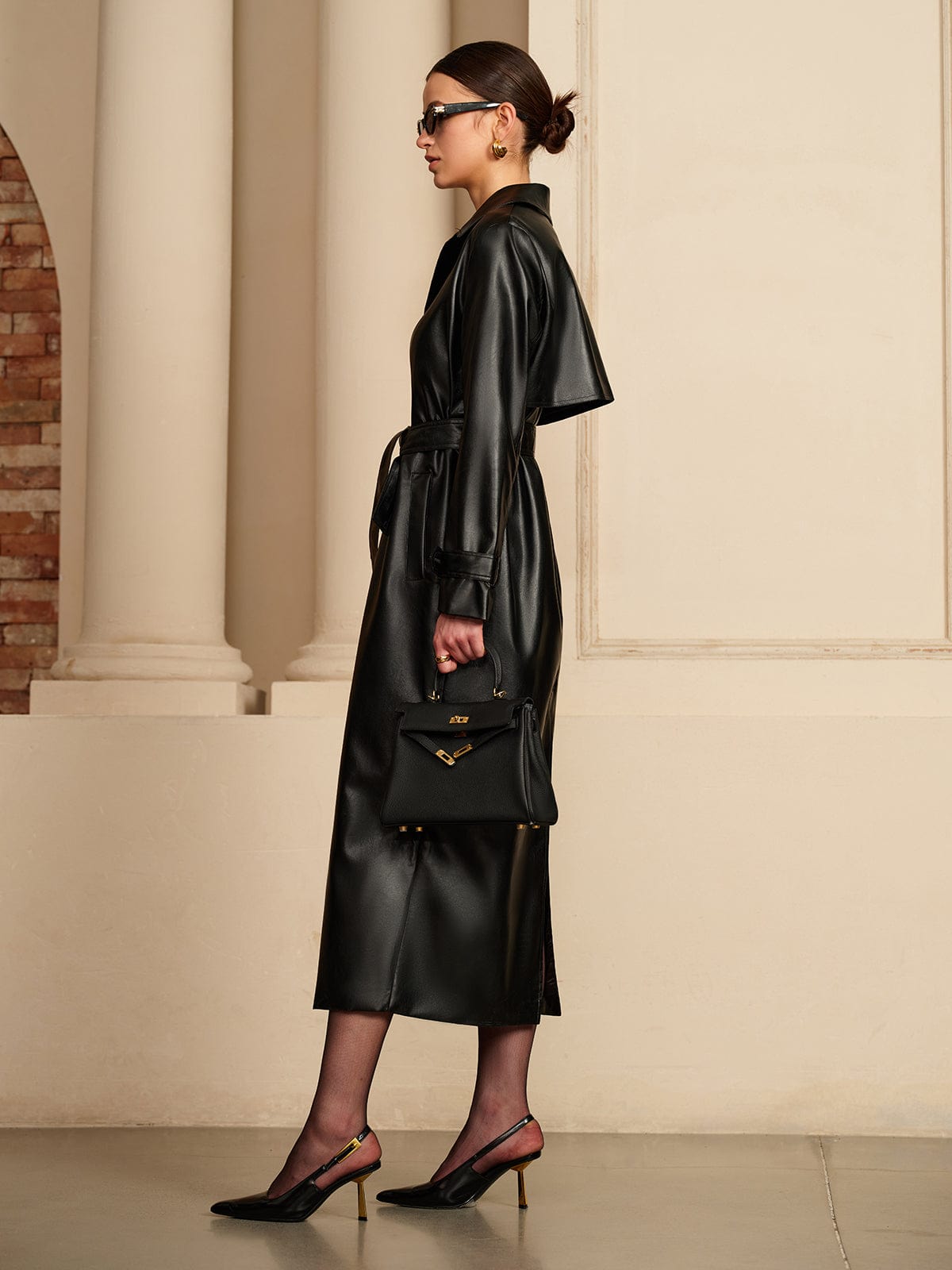 Saran Trench Coat | Autumn Faux Leather Belted Maxi Coat