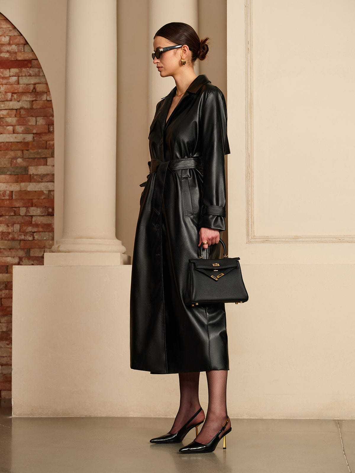 Saran Trench Coat | Autumn Faux Leather Belted Maxi Coat