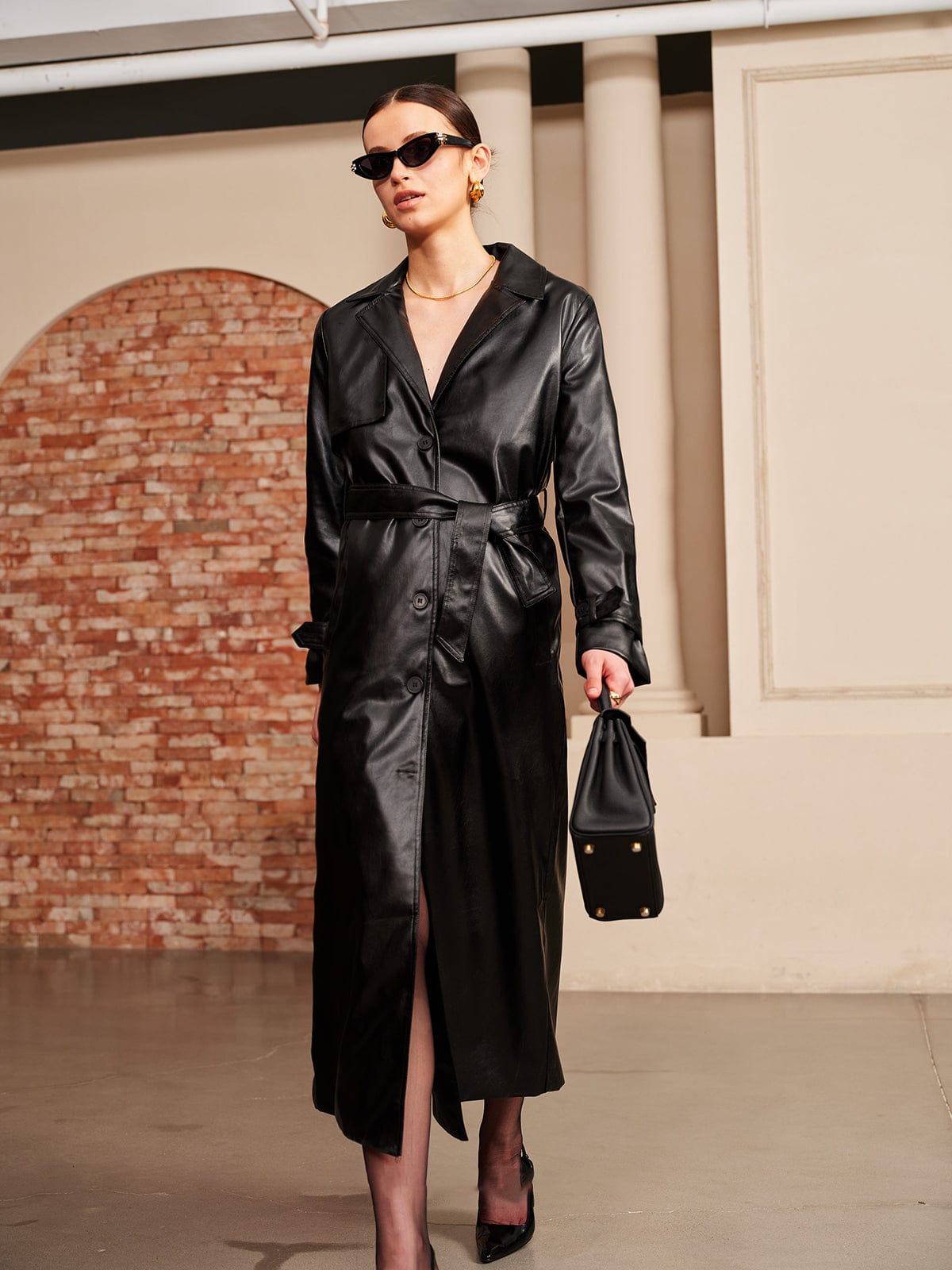 Saran Trench Coat | Autumn Faux Leather Belted Maxi Coat