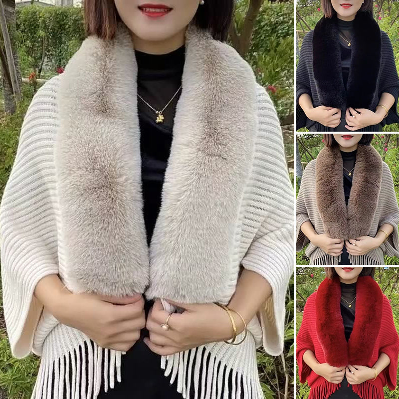 Veya Shawl | Autumn Knitted Fringe Shawl with Faux Fur Collar