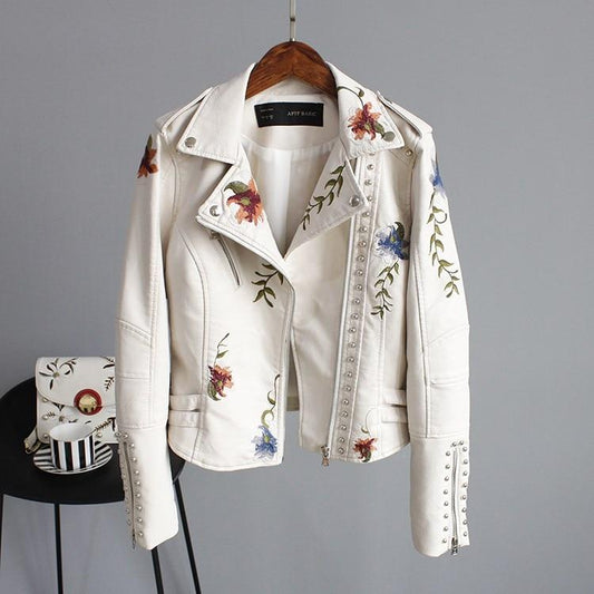 Vickie Jacket | Winter Embroidered Faux Leather Jacket