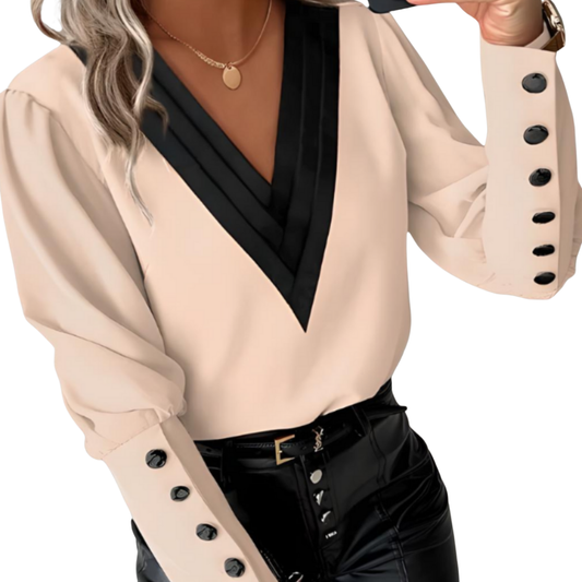 Ulinda Top | Two-Tone V-Neck Long-Sleeve Top