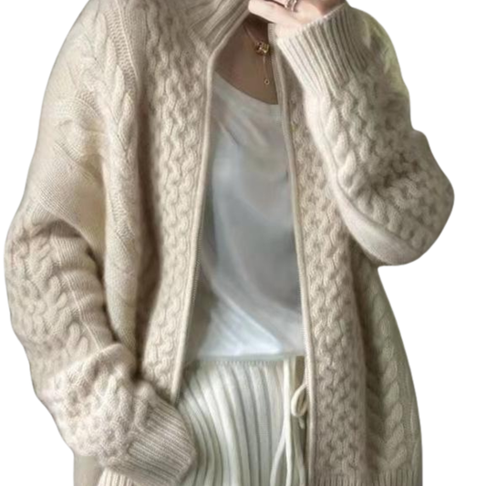 Cynthia Cardigan | Stylish Thick Turtleneck Cable Knit Cashmere Cardigan