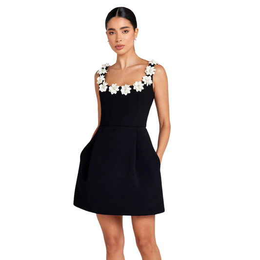 Cazira Mini Dress | Black A-Line Dress with Floral Appliqué Straps